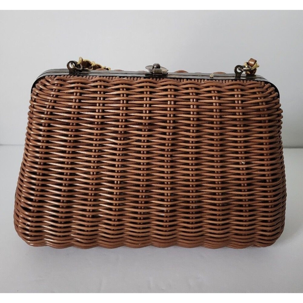 Vintage Tandem Faux Straw Bag Crossbody Purse Chain Strap Brown Gold Retro - Picture 4 of 16